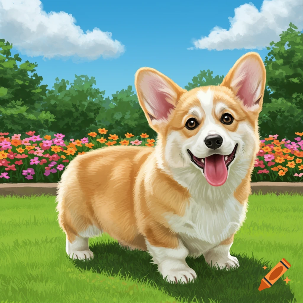 A happy corgi dog with a white chest and tan fur stands in a green grassy garden with colorful flowers and trees under a blue sky, in an illustrative style.