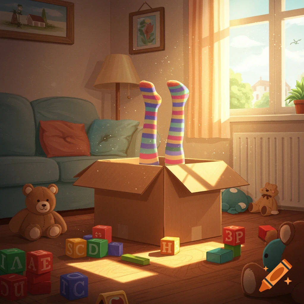 A child's legs in colorful striped socks stick out of an open cardboard box in a sunlit room filled with toys.