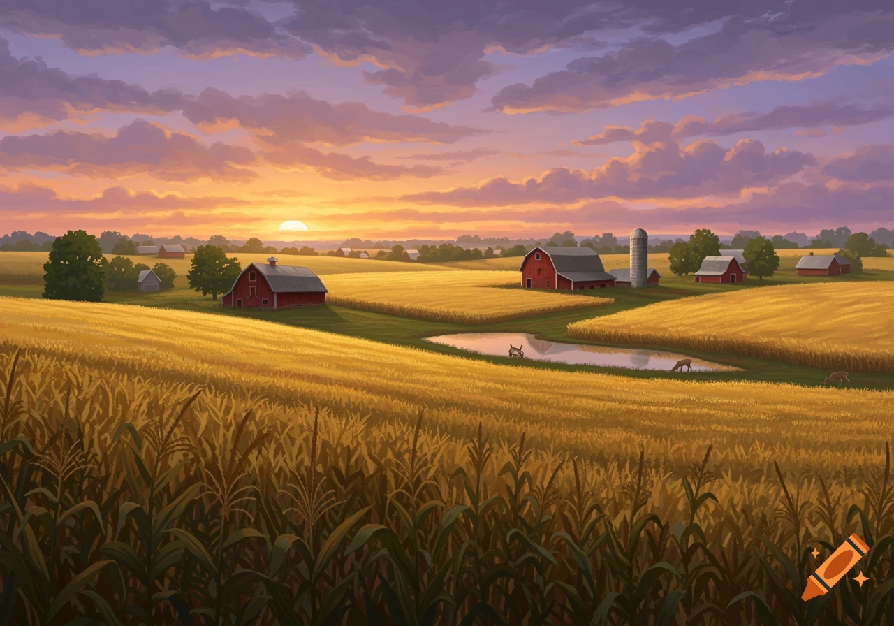 An illustrated landscape painting of a farm at sunset, with golden fields, red barns, a pond, and deer under a colorful sky.