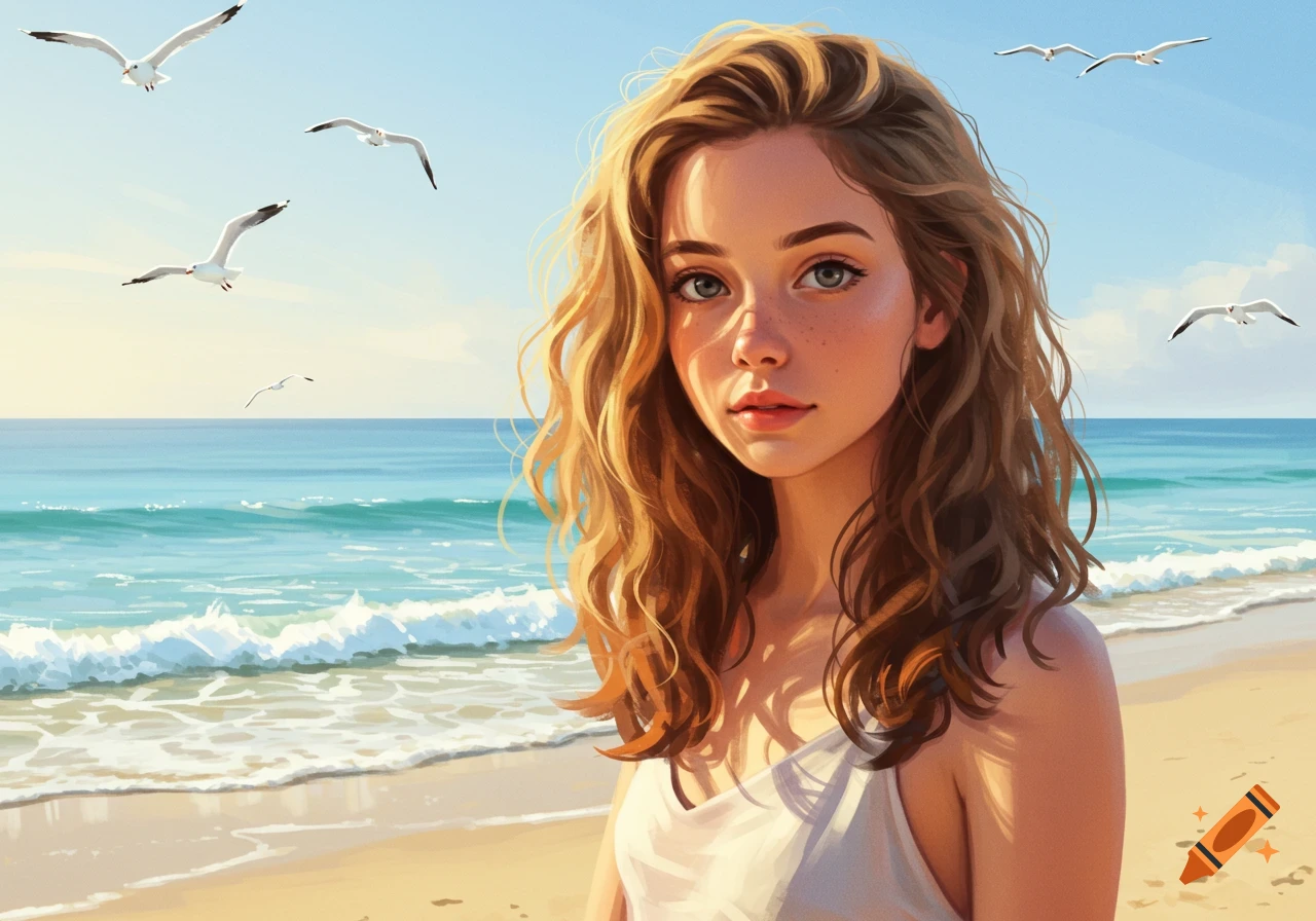 A young woman with long wavy hair and freckles stands on a sunny beach near the ocean, with seagulls flying above. Digital illustration.