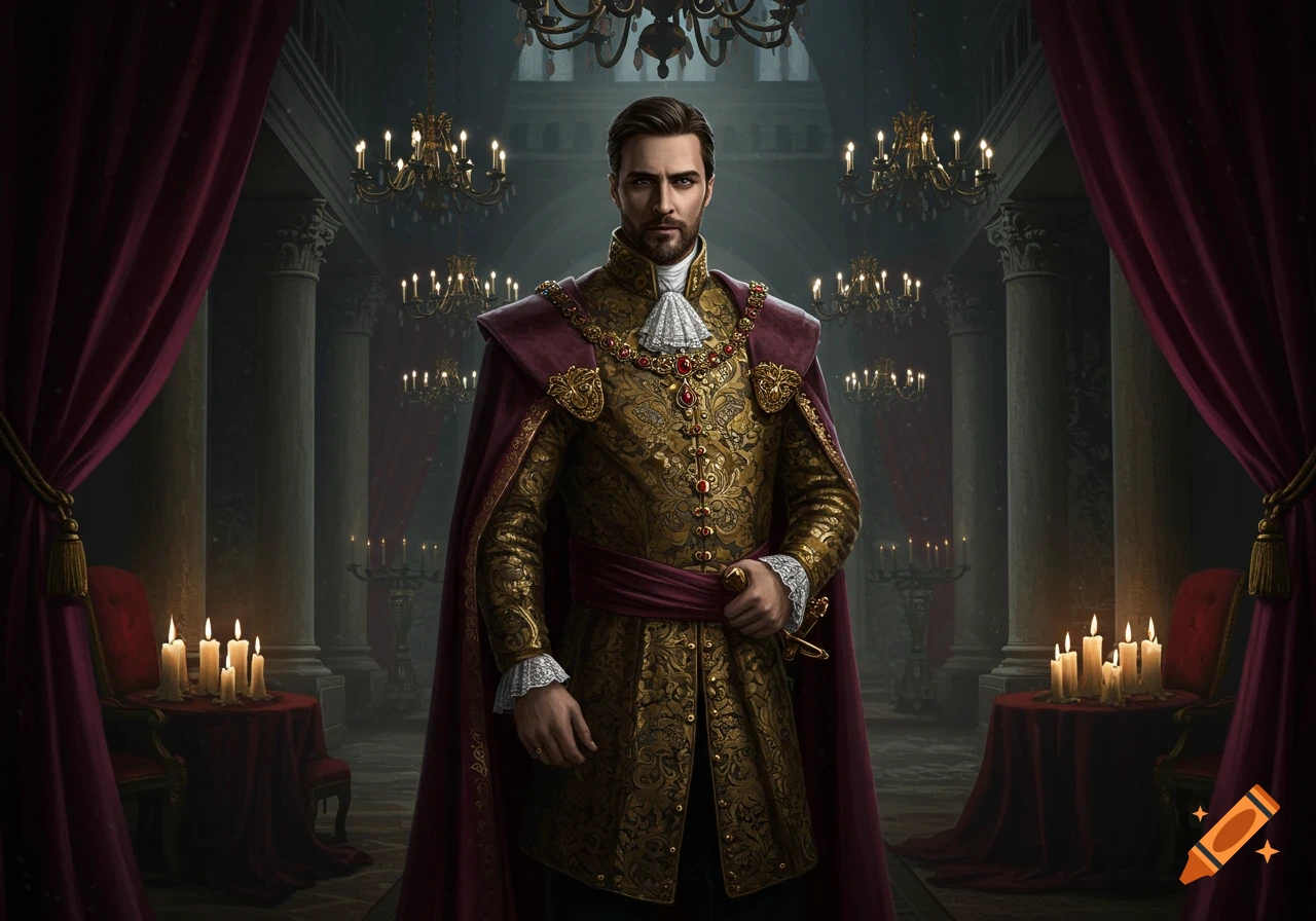 A photorealistic portrait of a man in ornate gold and red royal attire, standing in a grand hall with chandeliers and candles.