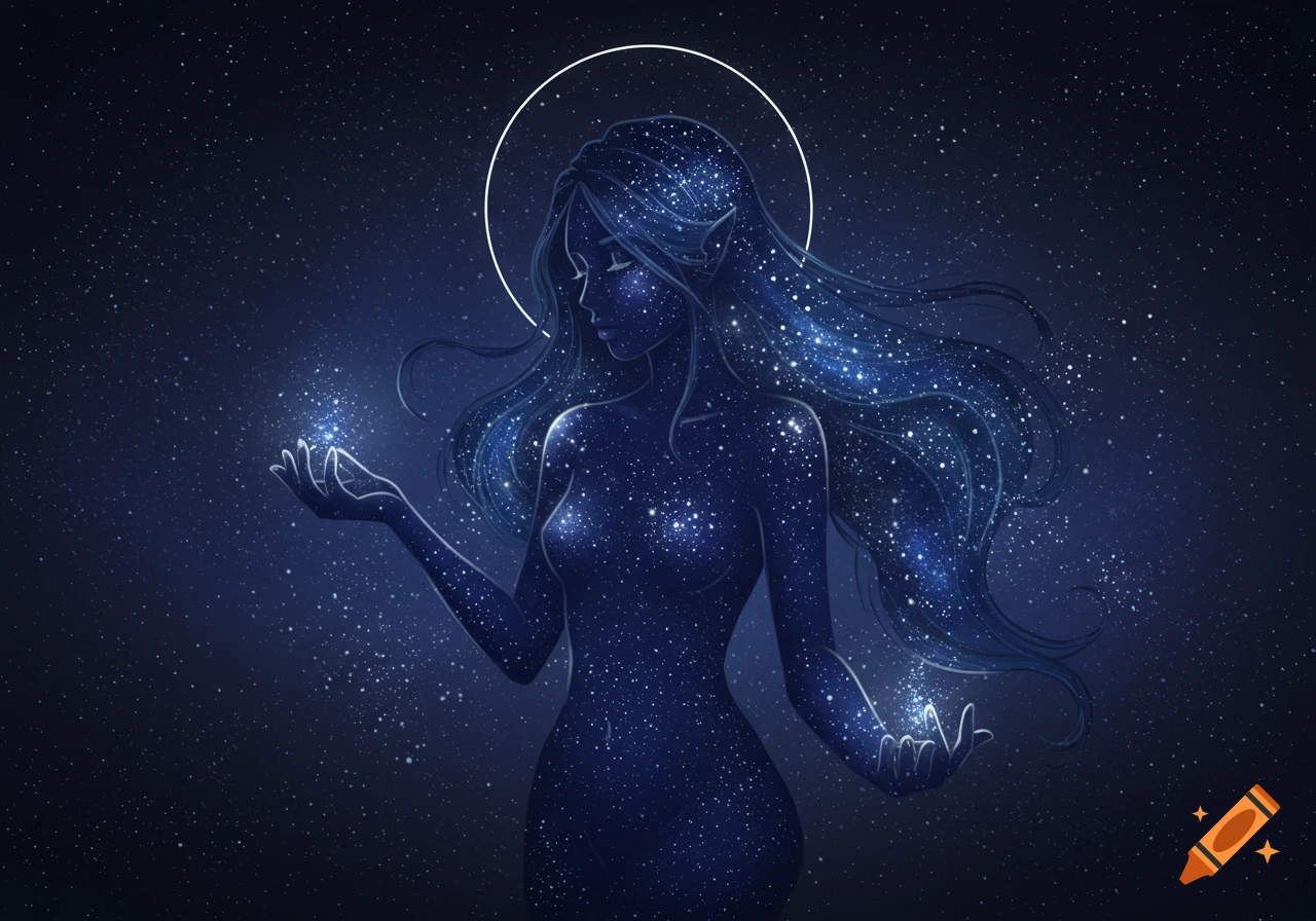 Illustration of a female goddess made of stars, with long flowing hair, holding sparkling light in her hands against a dark blue cosmic background.