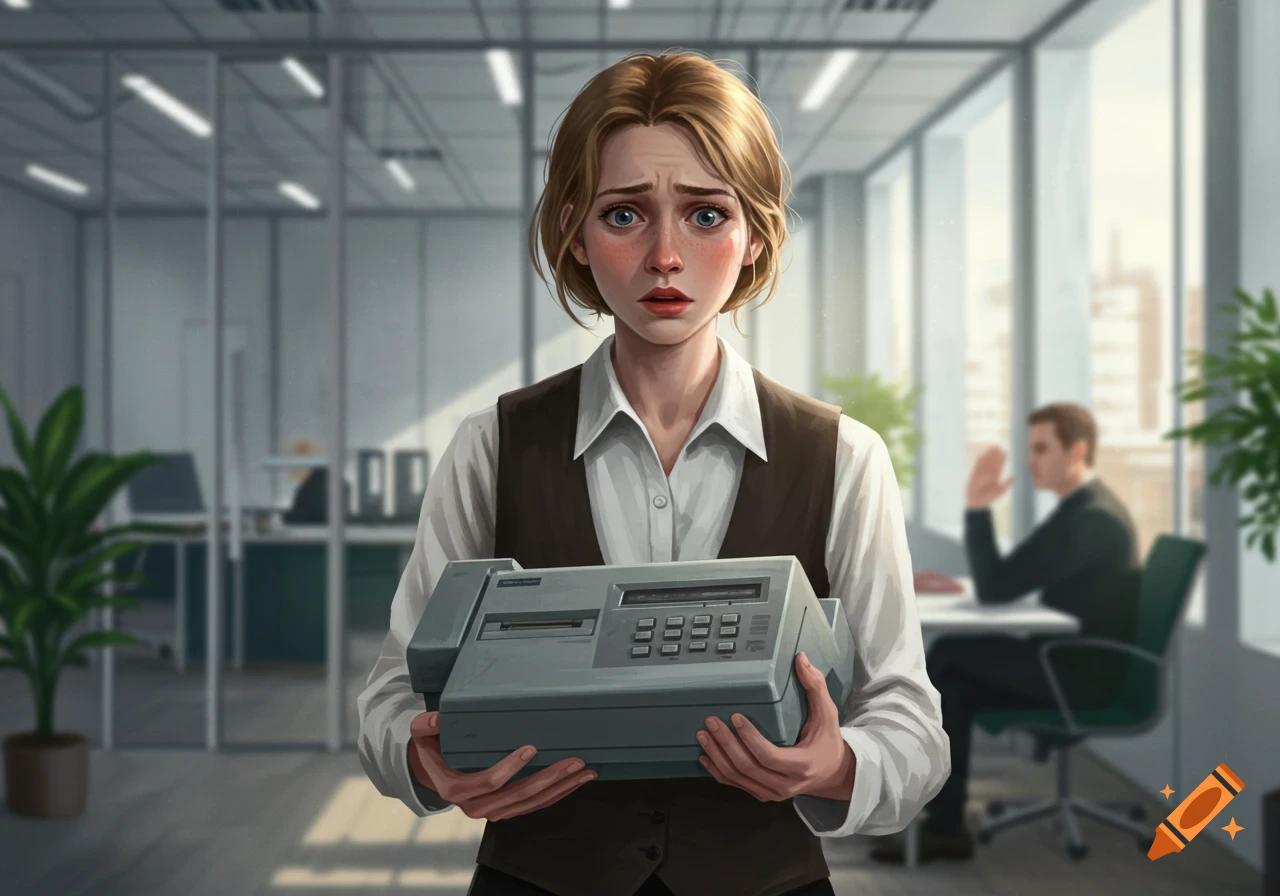 A woman with a concerned expression holds an old fax machine in a modern office, with a blurry man in the background.