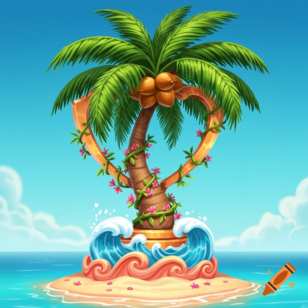 A stylized palm tree with coconuts, shaped like a heart, on a small tropical island surrounded by blue ocean and waves, under a clear sky.