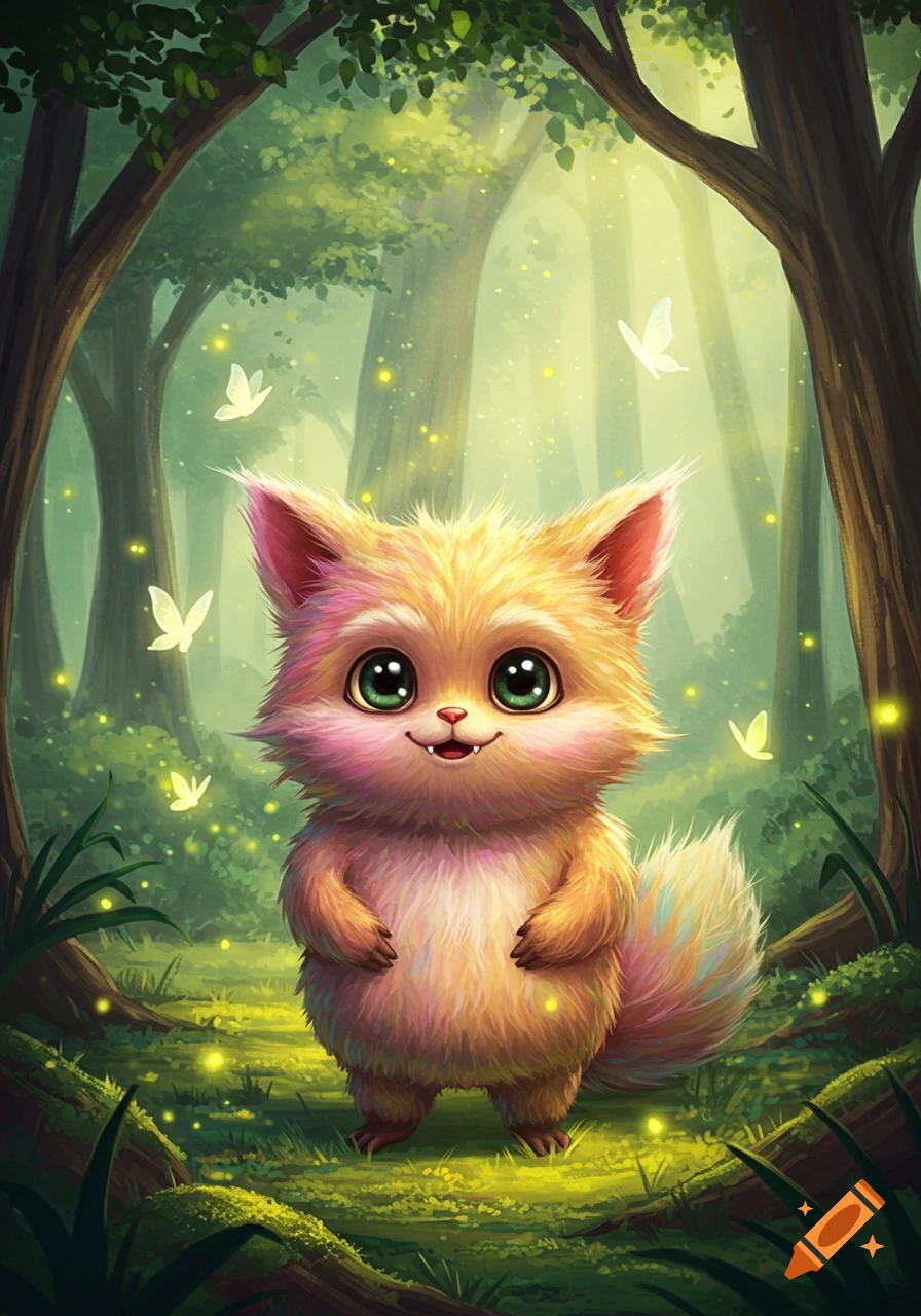 A fluffy, orange and pink creature with big green eyes smiles in a magical forest with glowing fireflies and white butterflies.