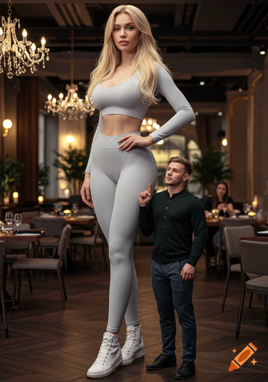 A towering blonde woman in grey sportswear stands in a restaurant, looking at the viewer, while a much shorter man next to her looks up at her with a pointing finger.