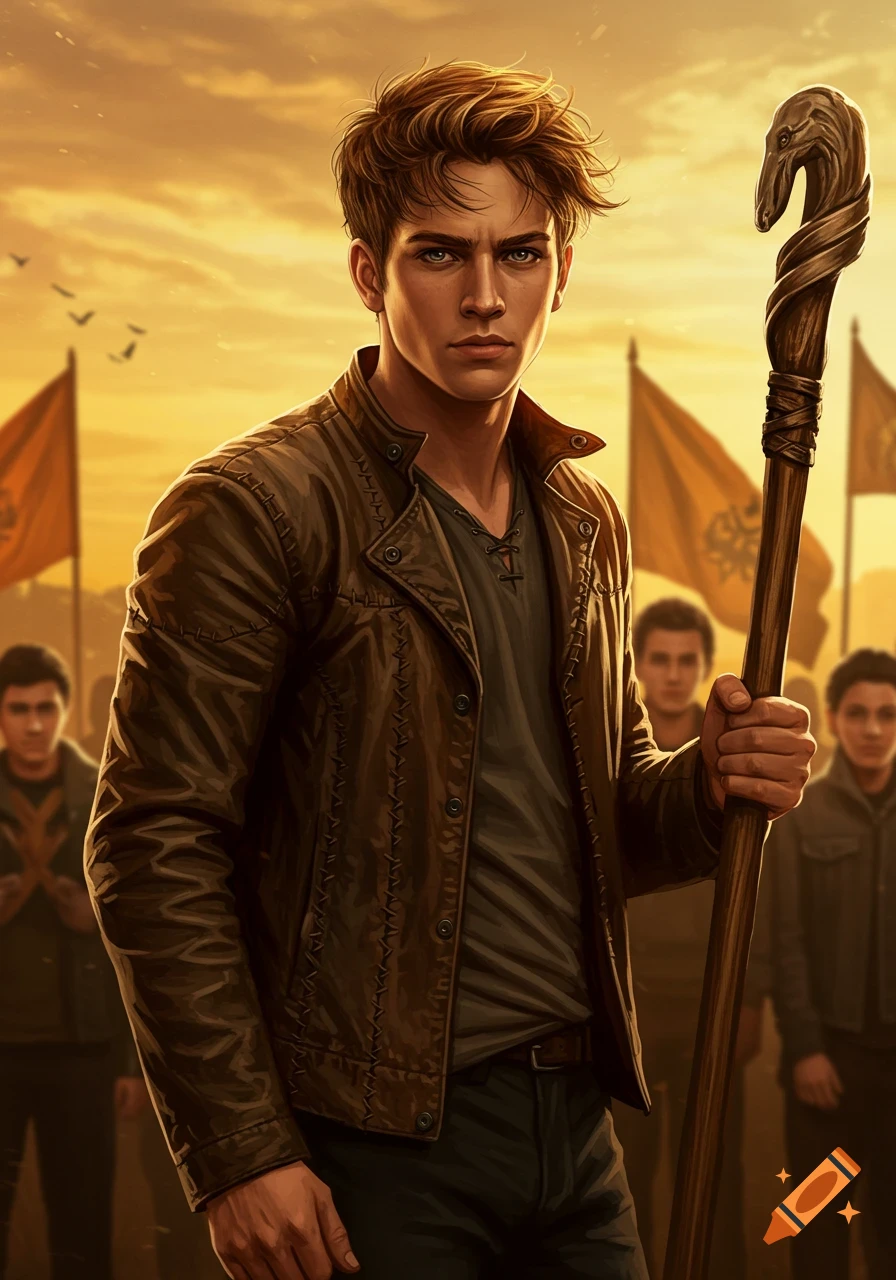 A determined young man in a leather jacket holds a carved staff, standing against a golden sunset with flags and a crowd.