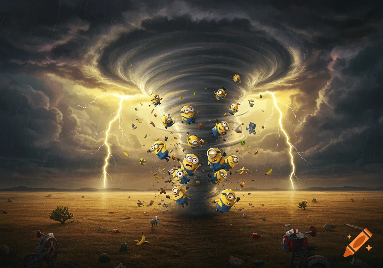 Cartoon Minions screaming and flailing as they are swept into a powerful tornado over a golden field under a dark, stormy sky with lightning.