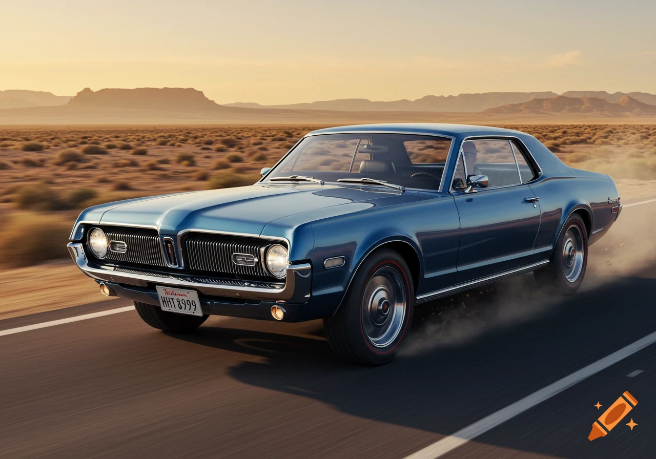 A blue classic Mercury Cougar drives on a desert road at sunset, dust trailing from its tires.