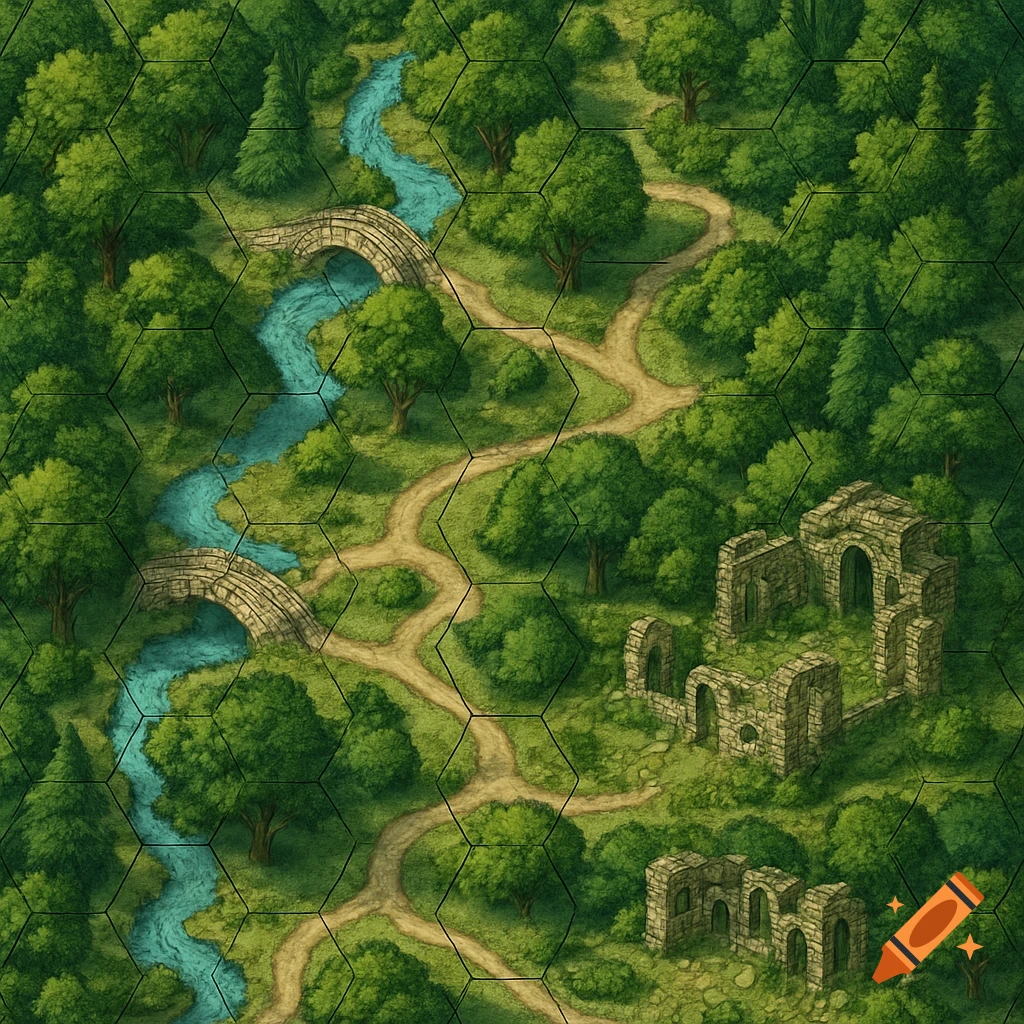 An isometric fantasy map featuring a winding river with two stone bridges, dense forests, dirt paths, ancient ruins, all overlaid with a hexagonal grid.
