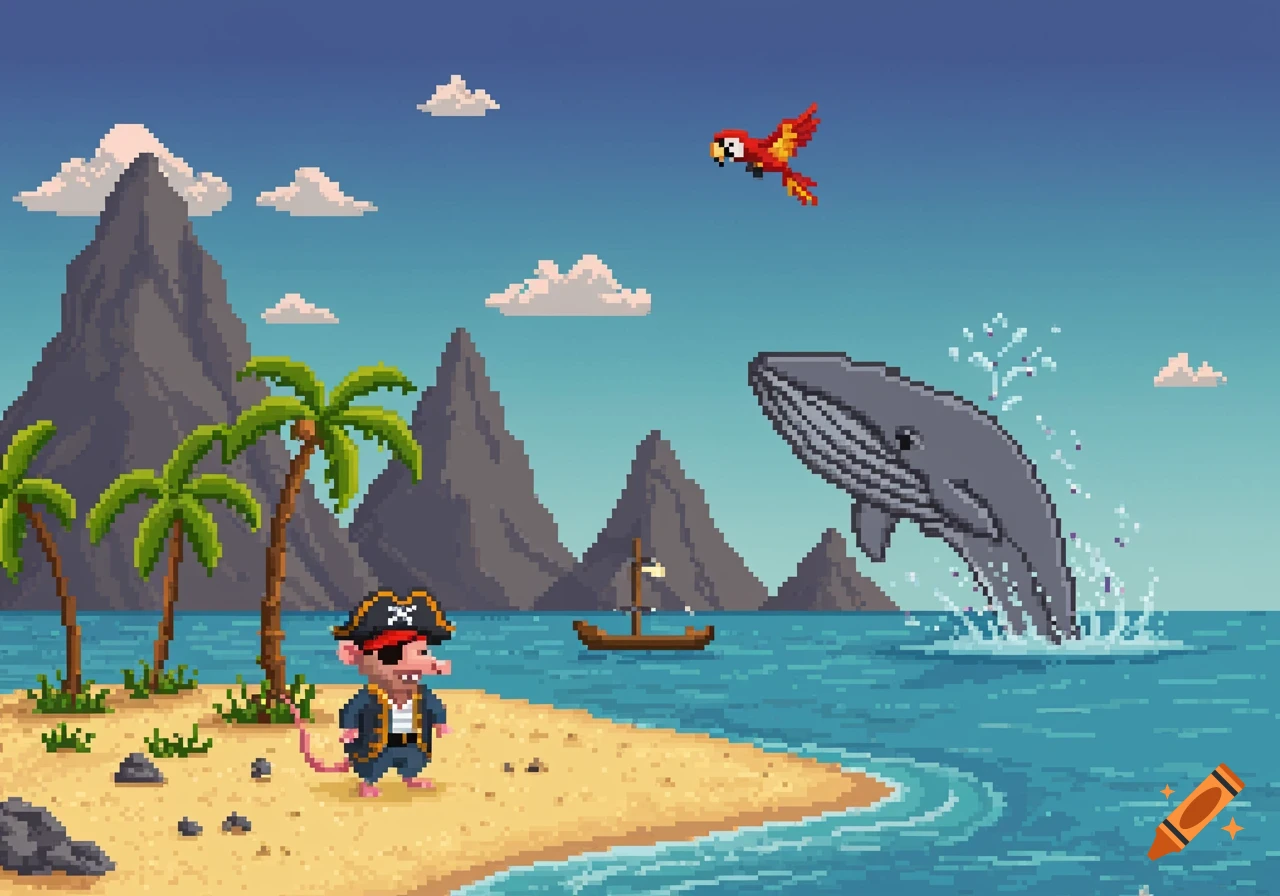 Pixel art of a pirate rat on an island beach with palm trees, mountains, a breaching whale, and a flying parrot.