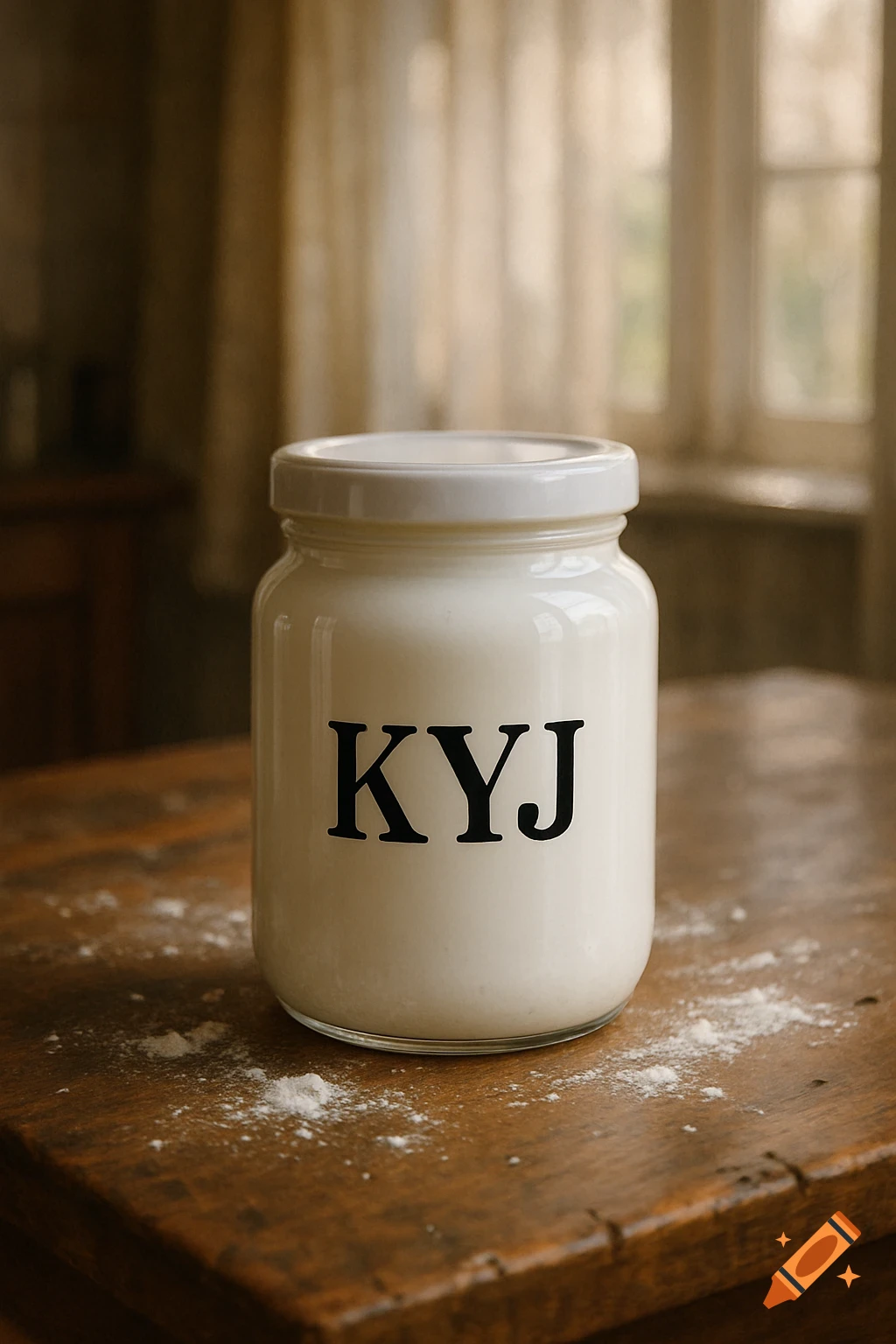 Photorealistic image of a white jar labeled KYJ on a wooden table with scattered white powder, in a warm, dimly lit room.