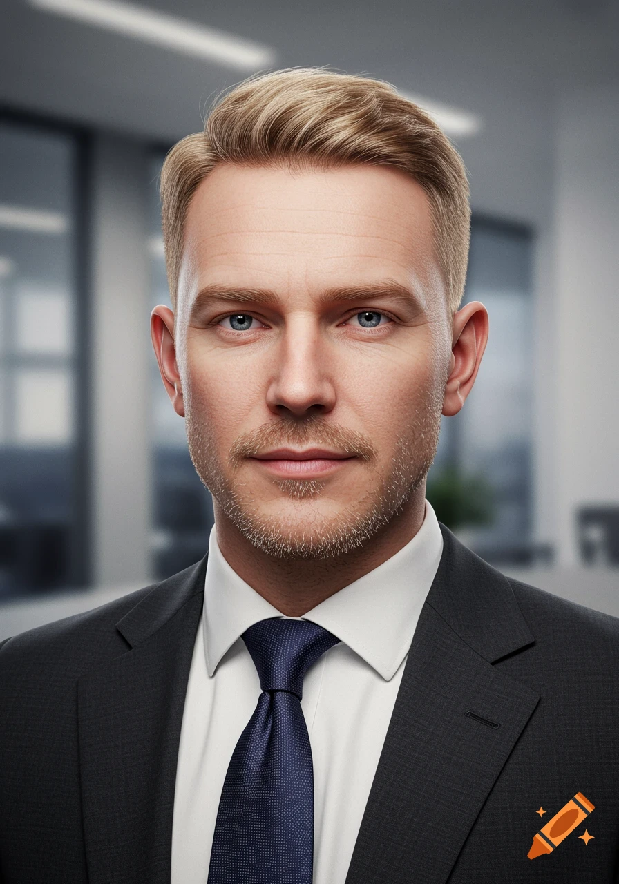 Photorealistic portrait of a blond man in a dark suit and blue tie, with a blurred office background.