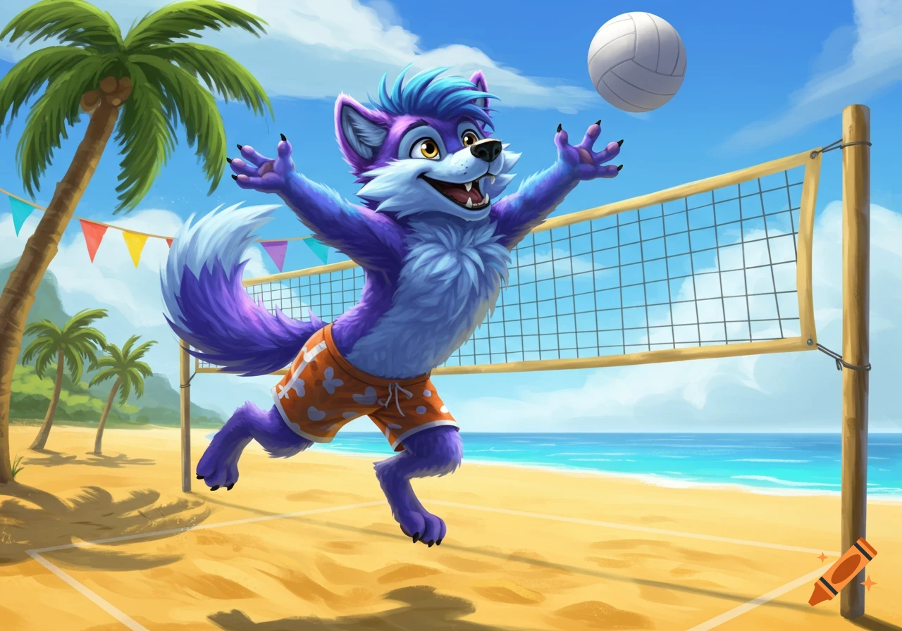 A vibrant, cartoonish purple and blue wolf jumps to hit a volleyball over a net on a sunny beach.