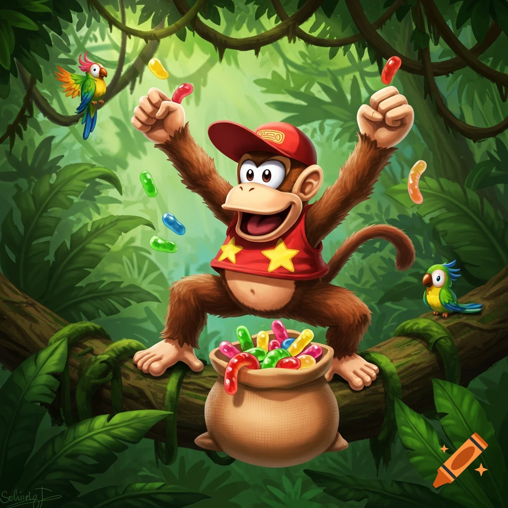 Diddy Kong, a happy cartoon monkey, in a red hat and vest, holds up colorful gummy worms while standing on a jungle branch. A bag of worms is at his feet.