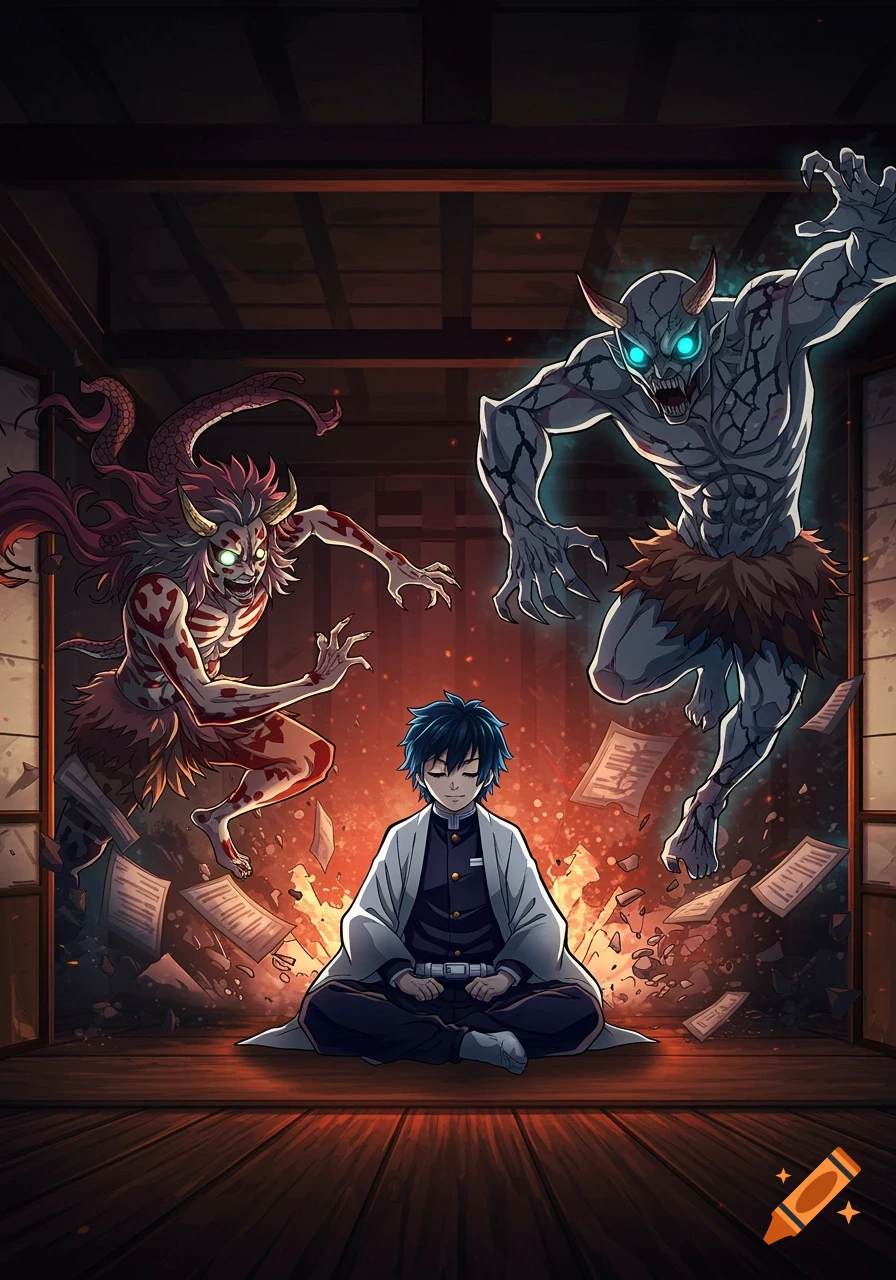 A dramatic anime scene of a young man meditating in a Japanese room as two stylized demons attack from both sides.