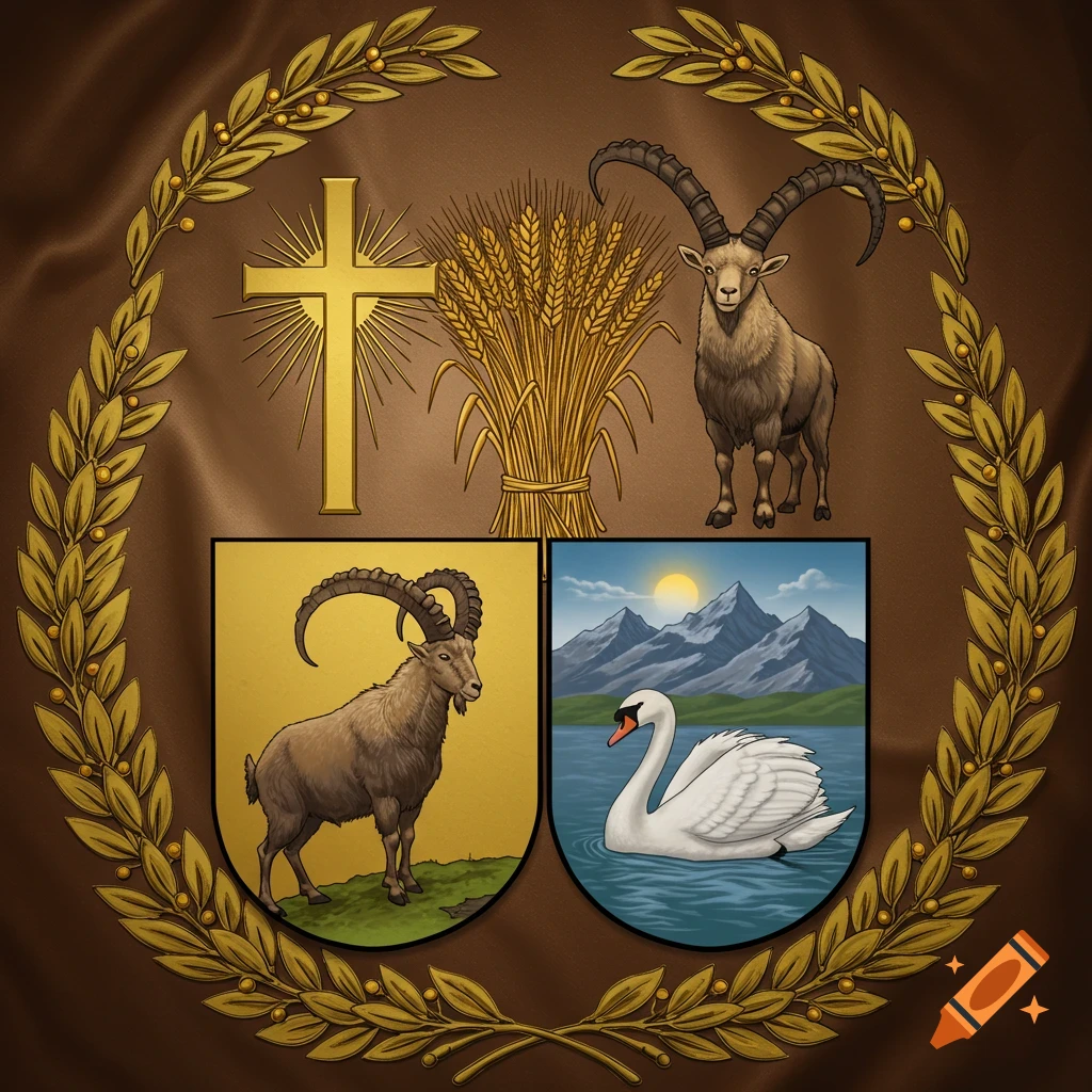 A coat of arms with a golden laurel wreath frame. It features a golden cross, a bundle of wheat, two ibexes, and a swan on a lake.