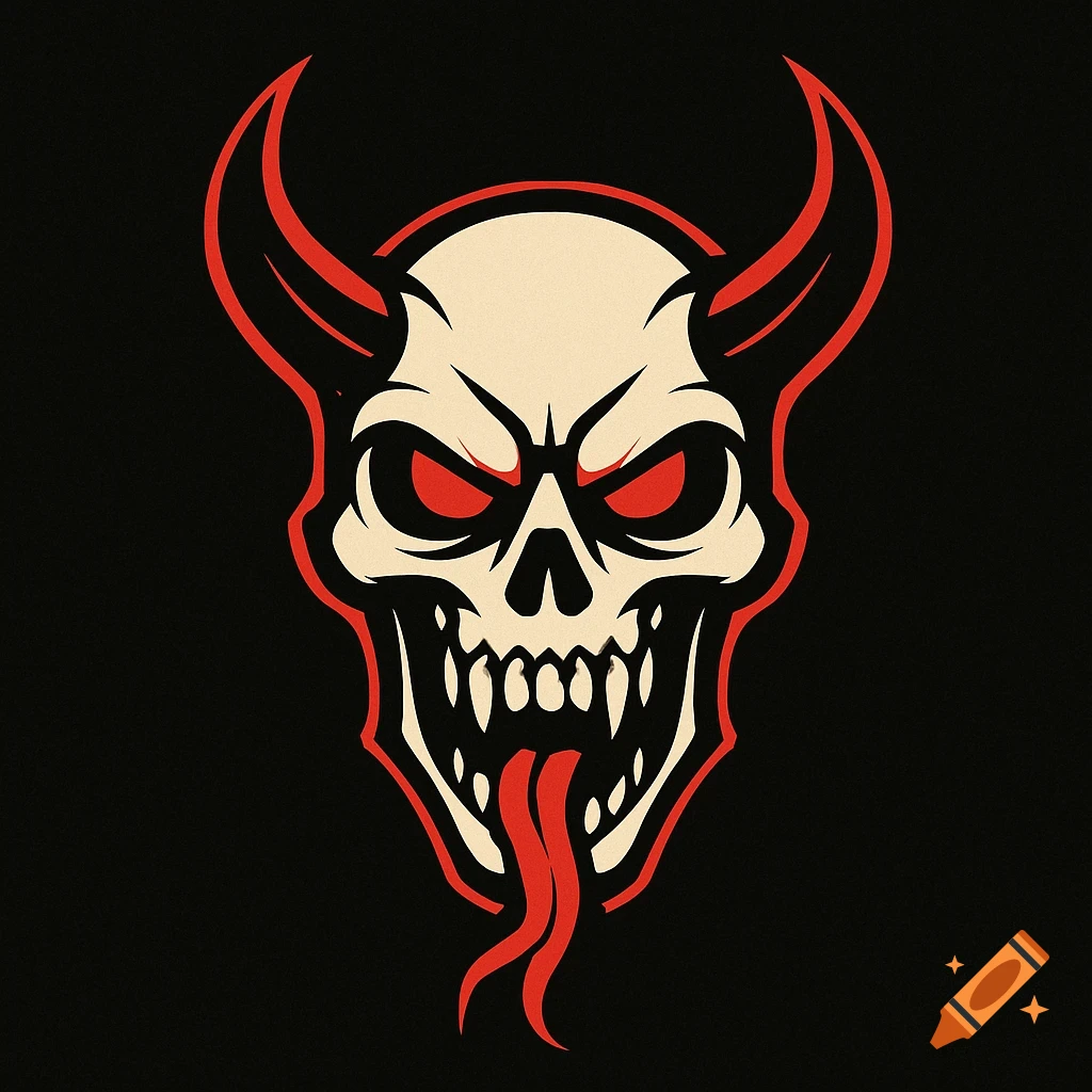 A stylized skull logo with red glowing eyes, demon horns, sharp teeth, and a forked red tongue, on a black background.