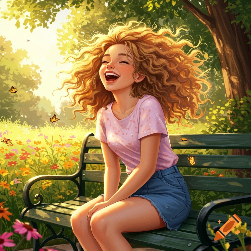 An illustration of a curly blonde girl laughing joyfully on a park bench surrounded by colorful flowers and butterflies under bright sunlight.