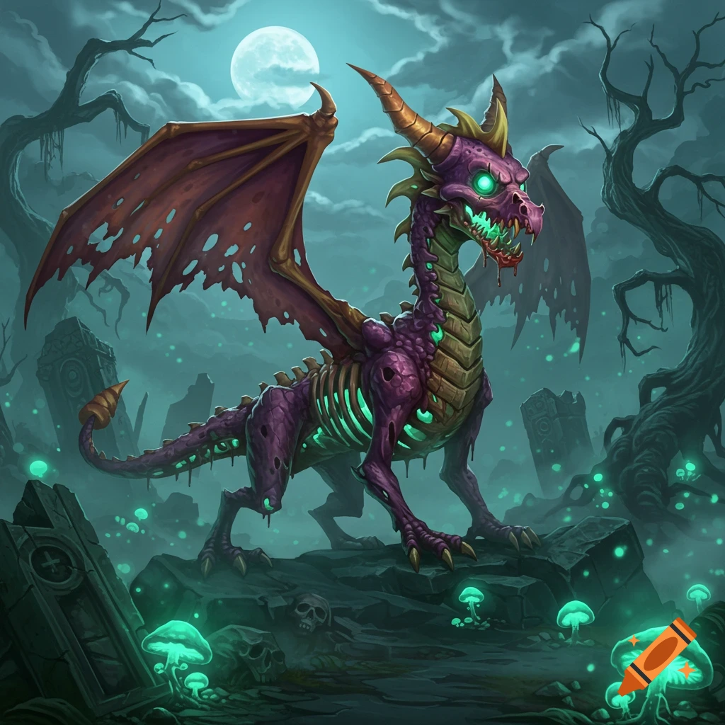 A zombie-like purple dragon with glowing green eyes and exposed ribs stands in a dark, misty graveyard under a full moon, surrounded by glowing green mushrooms and gnarled trees.