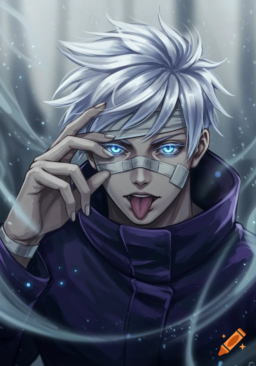 A male anime character, Gojo Satoru, with white spiky hair and glowing blue eyes, bandage on his face, sticking out his tongue.