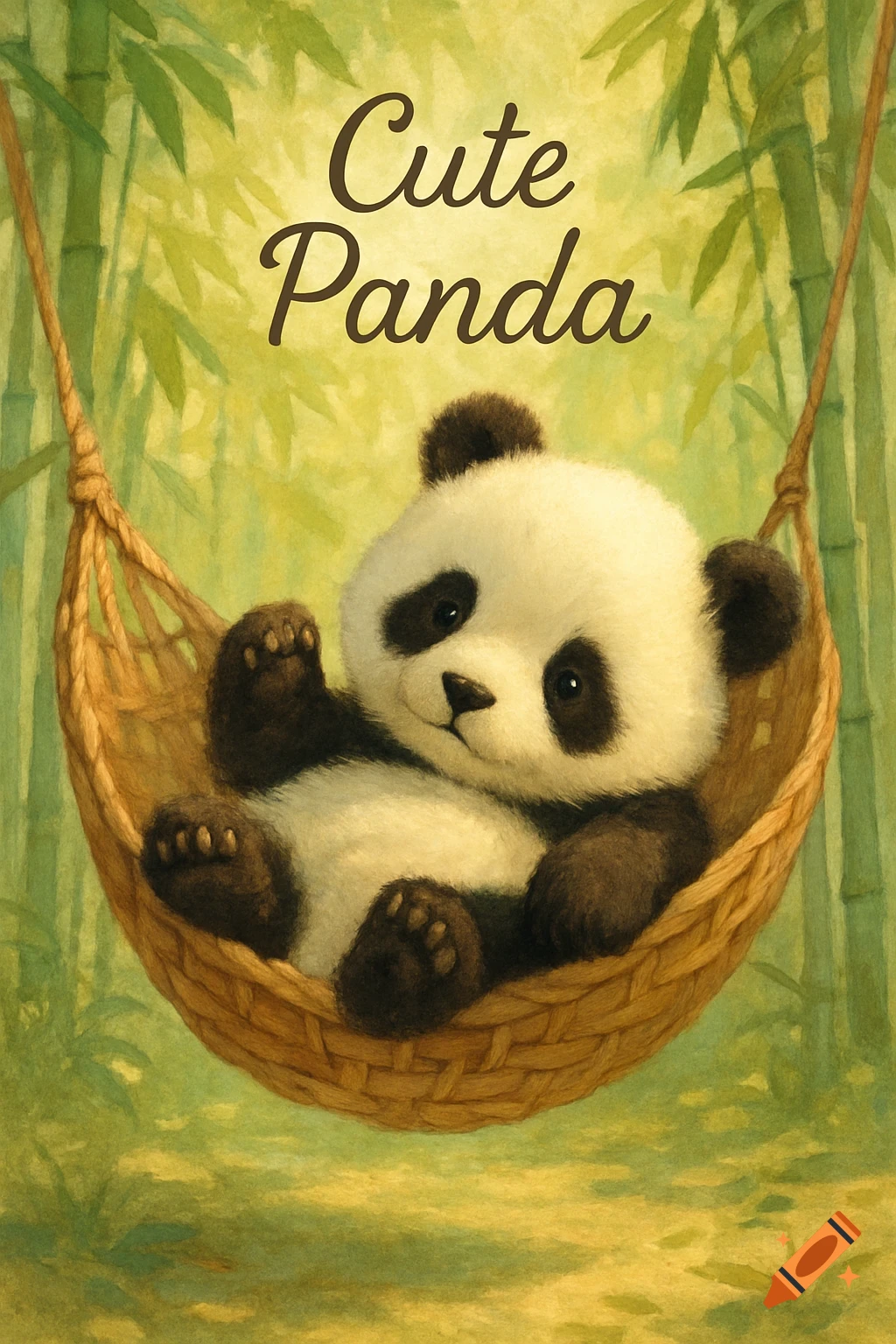 A fluffy baby panda with black and white fur, smiling and lying in a woven brown hammock, against a background of green bamboo leaves. Text above reads "Cute Panda".