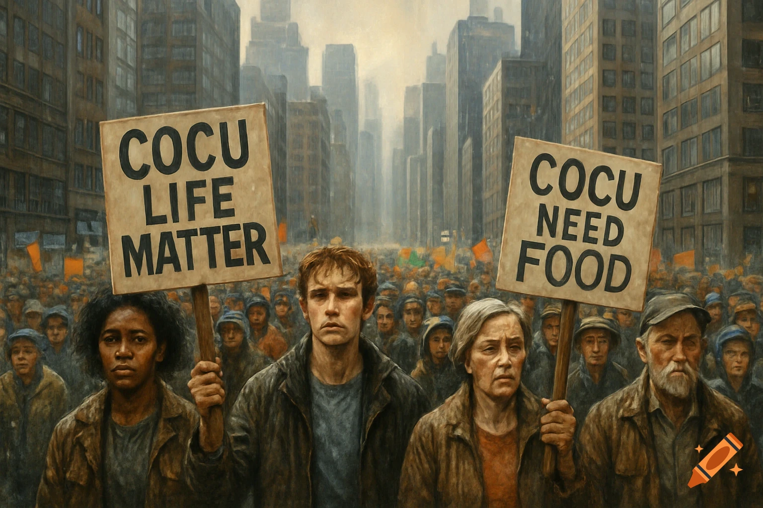 A crowd of people protest in a city street, holding signs that read 'COCU LIFE MATTER' and 'COCU NEED FOOD'.