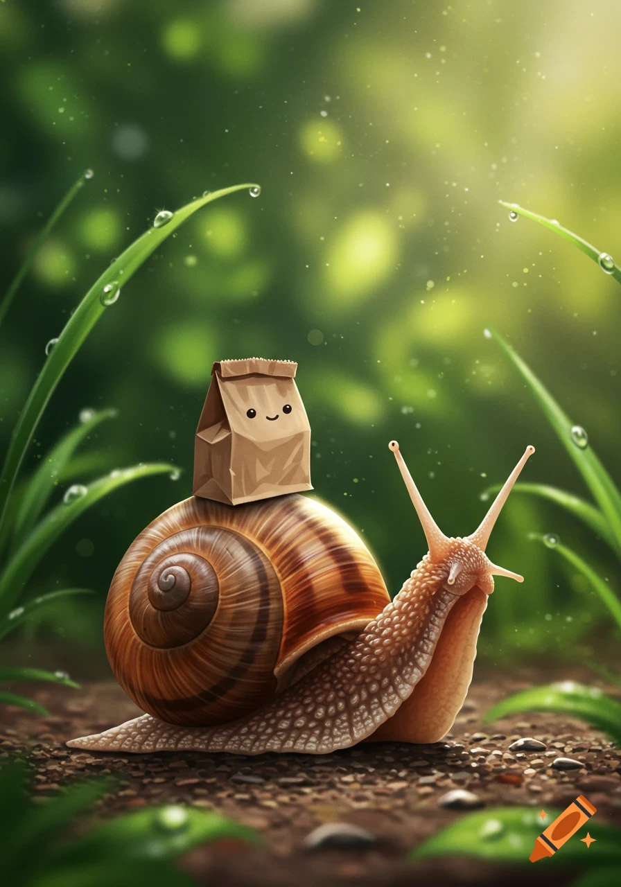 A detailed illustration of a snail carrying a smiling brown paper bag on its shell, on wet soil in a lush green, sunlit environment.