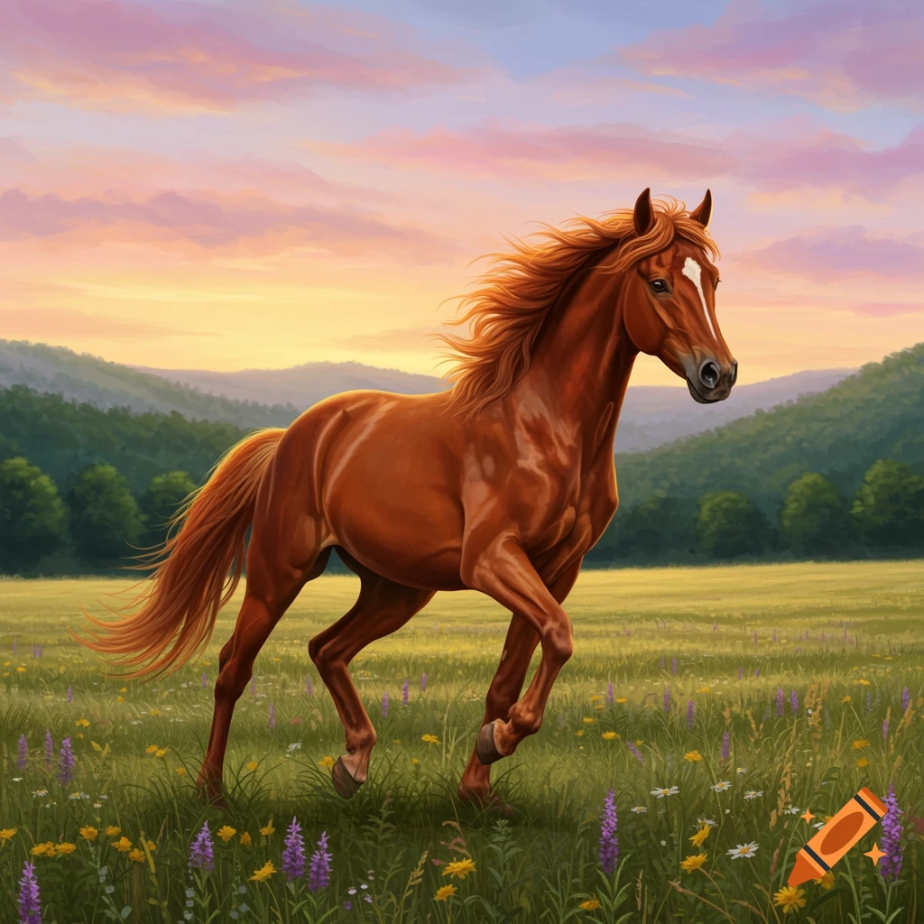 A brown horse with a flowing mane gallops through a field of wildflowers under a vibrant sunset sky.