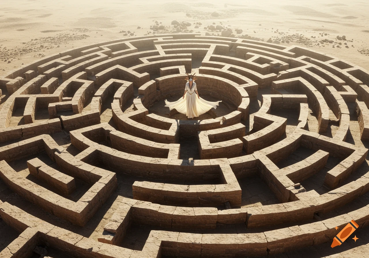 Aerial view of a masked woman in a white dress standing in the center of a large stone maze in a vast desert landscape.