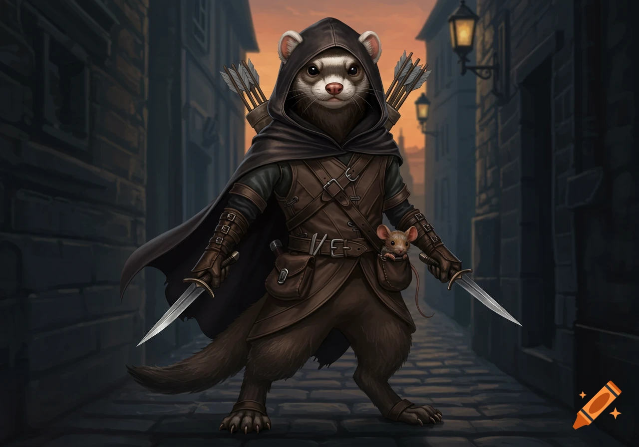 A fantasy illustration of an anthropomorphic ferret rogue in a dark cloak, holding daggers, standing in a twilight alley with a mouse.