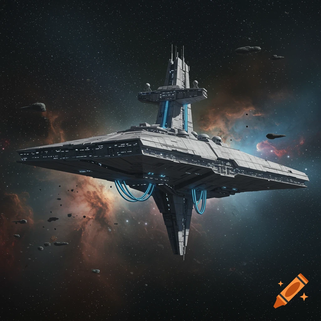 A large, grey, wedge-shaped space station with glowing blue accents floats in space amidst stars, nebulae, and asteroids.
