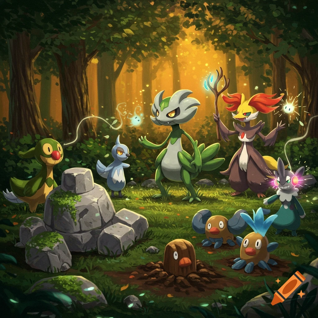 Various Pokémon characters including Zarude, Delphox, Grimmsnarl, and Diglett in a mystical forest setting with glowing particles.