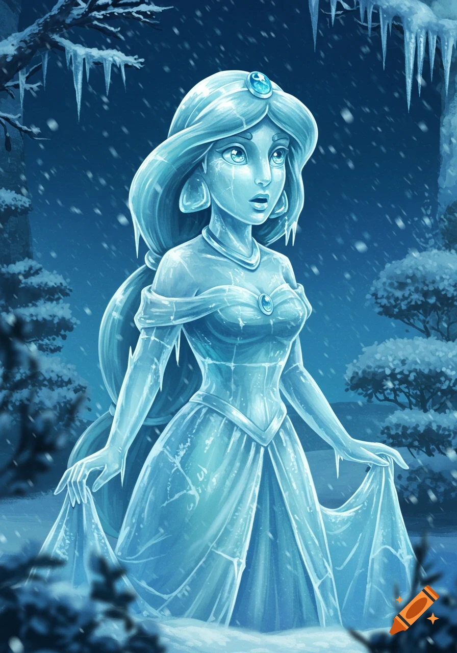 Princess Jasmine as a surprised ice statue in a snowy forest, with icicles on trees and falling snow.