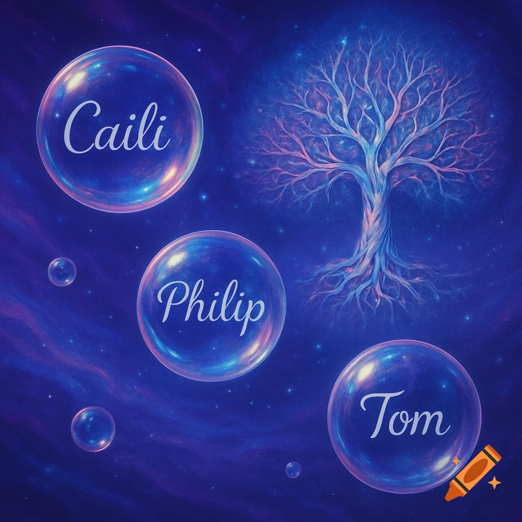 Three glowing bubbles with the names Caili, Philip, and Tom float in a vibrant purple and blue cosmic background with a multi-colored tree of life.