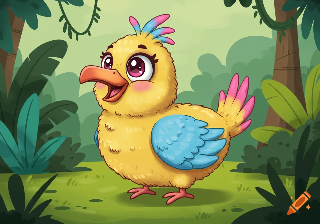 A cheerful yellow cartoon bird with pink and blue feathers stands in a lush green jungle.