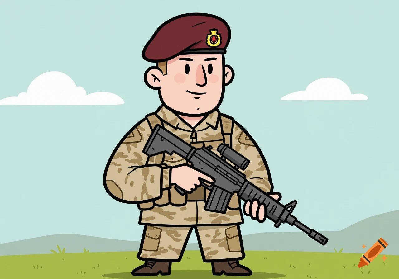 A cartoon soldier in a camouflage uniform and maroon beret holding a rifle.