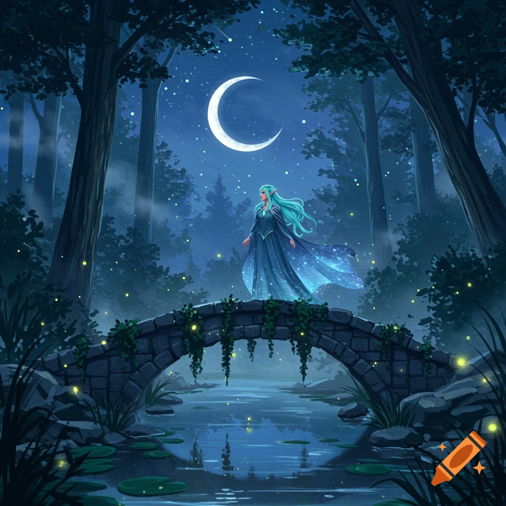 An elf with glowing turquoise hair stands on a moonlit stone bridge in an enchanted forest filled with fireflies.