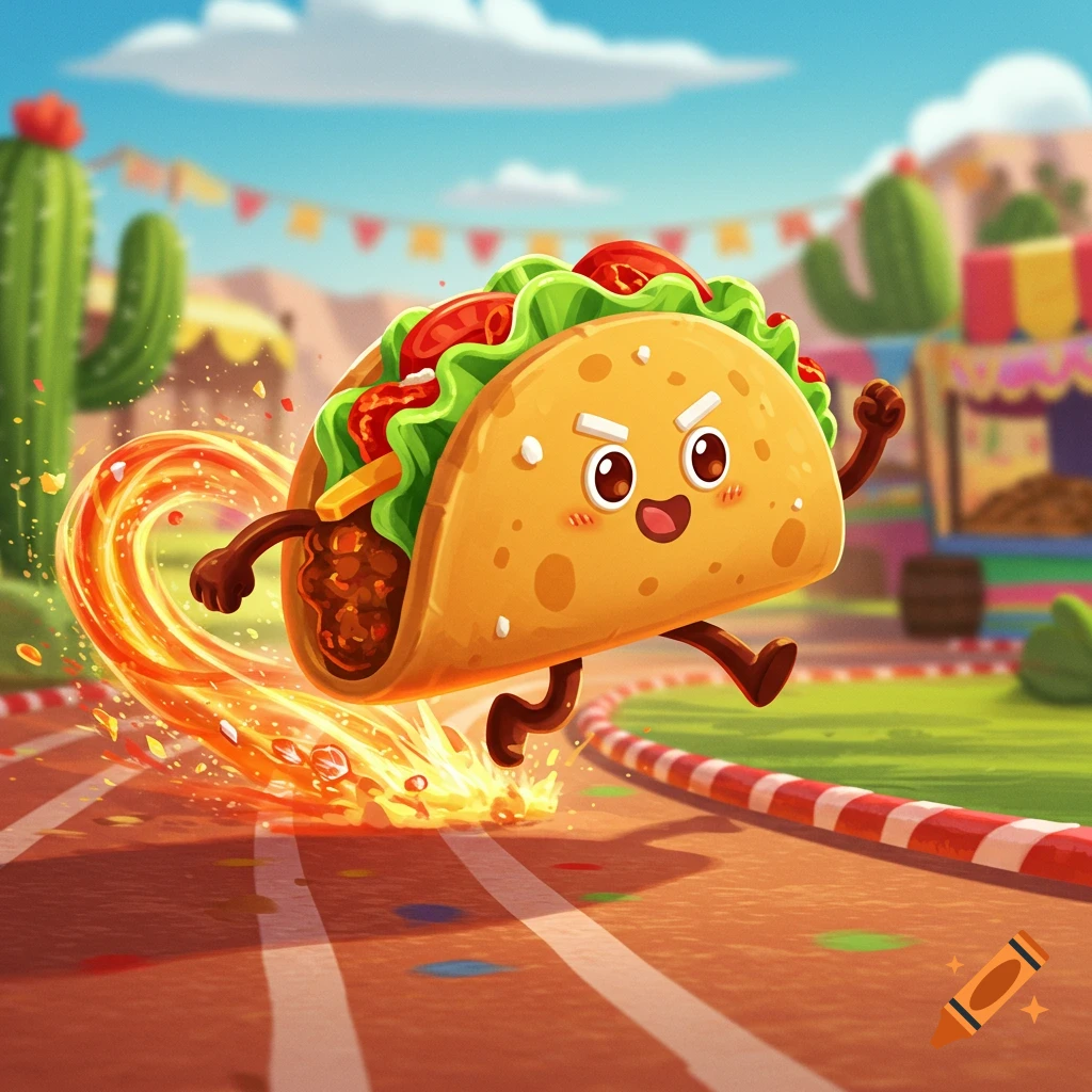 A cute, smiling cartoon taco with arms and legs is running on a dirt race track, leaving a fiery trail behind it. The background features cacti and festive flags under a blue sky.