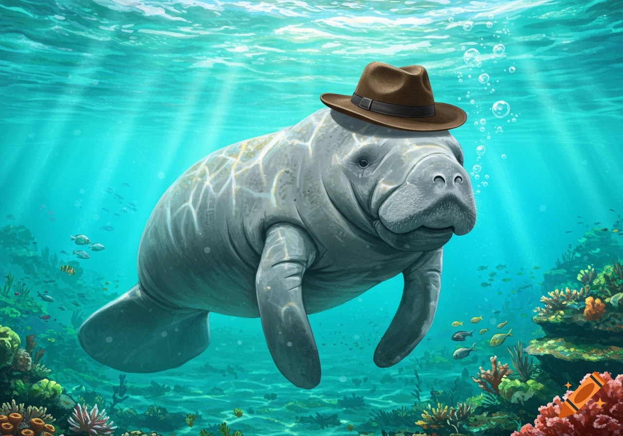 A friendly manatee wearing a brown fedora swims in a vibrant coral reef, with sunlight rays piercing through the blue water.