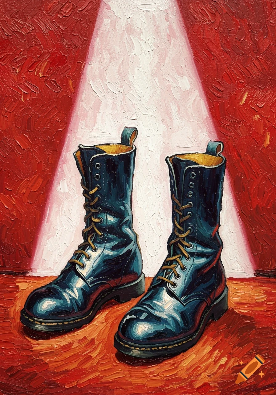 A pair of black combat boots with yellow laces stand under a bright white spotlight against a textured red background, in the style of a Van Gogh painting.