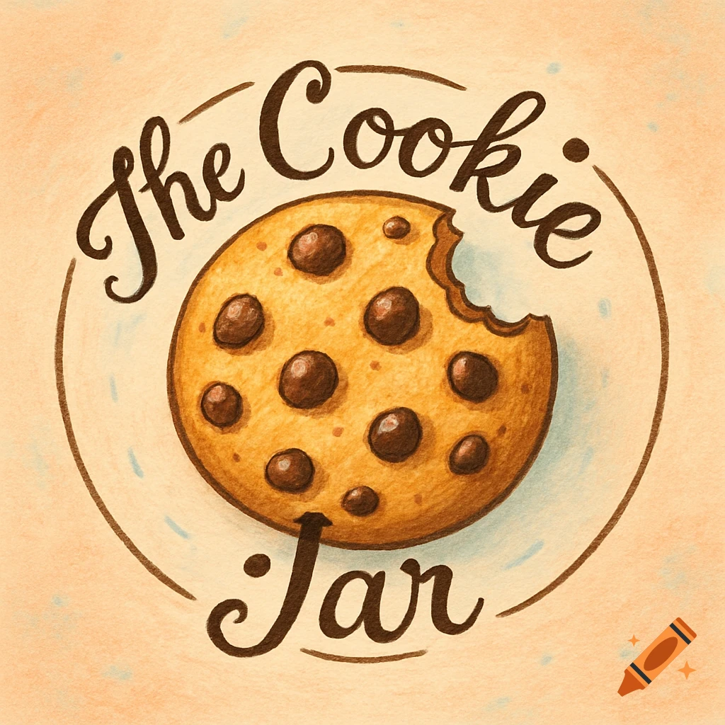 A drawn chocolate chip cookie with a bite taken out of it, encircled by the text "The Cookie Jar" in a whimsical font.