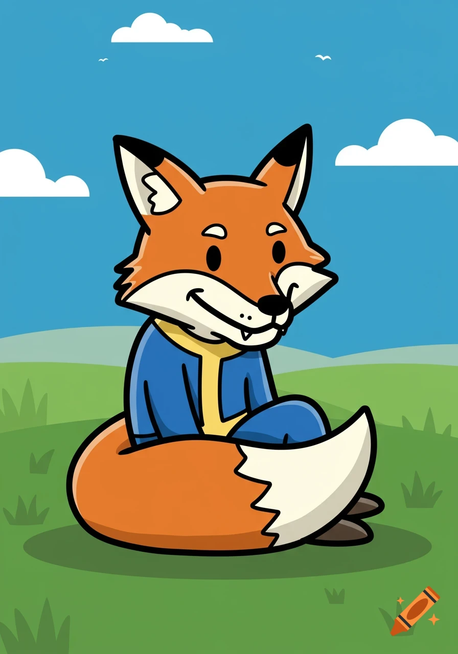 A cartoon fox dressed as Vault Boy from Fallout, sitting in a green field under a blue sky.
