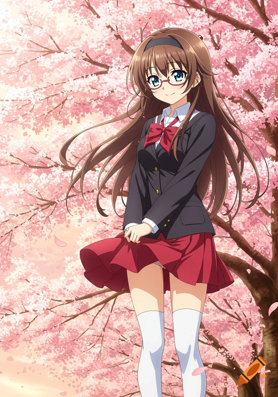 An anime girl with long brown hair, glasses, and a school uniform stands under a pink cherry blossom tree.