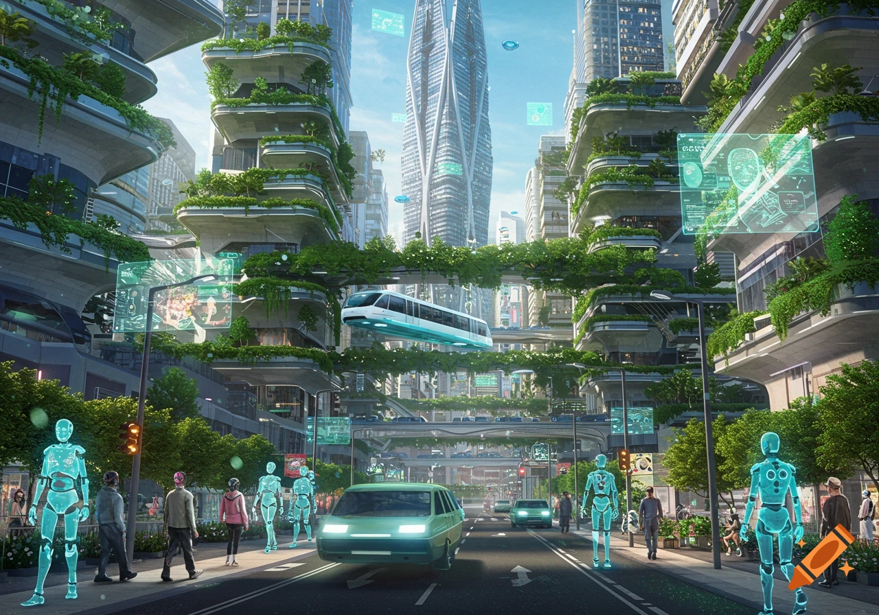 A vibrant futuristic city with multi-level green buildings, a levitating train, futuristic cars, people, and glowing blue robots on a street.