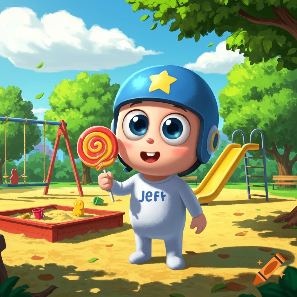 A cheerful cartoon baby in a blue helmet with 'Jeff' on his shirt, holding a lollipop in a sunny playground.