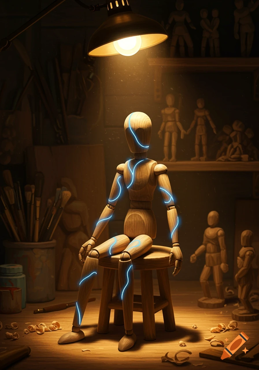 A wooden art mannequin with glowing blue lines sits on a stool in a dimly lit artist's studio, illuminated by a desk lamp.