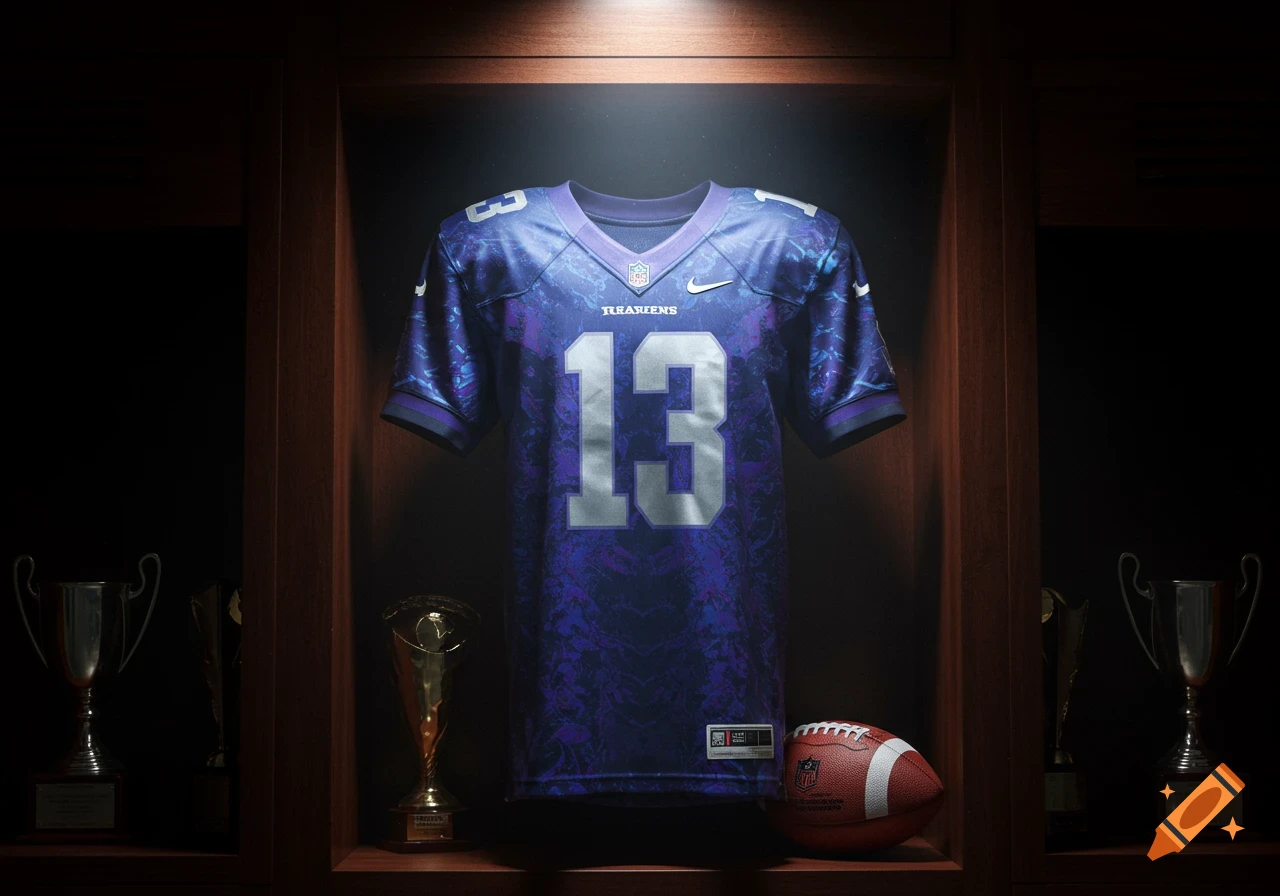 A purple and blue American football jersey with the number 13, displayed in a wooden case with a football and gold trophies.