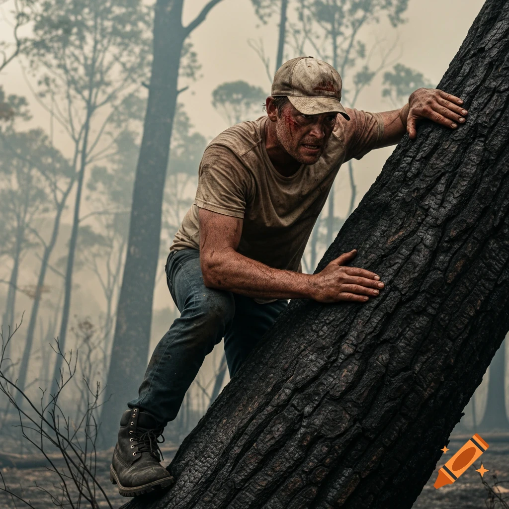 A dirty man in a baseball cap and work clothes climbs a charred tree in a smoky, burnt forest. Photorealistic style.