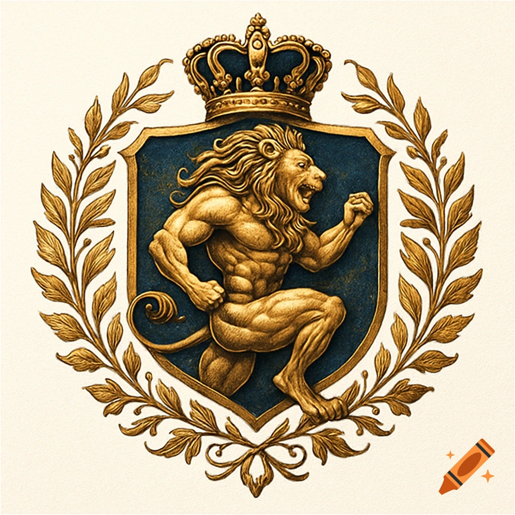 A gold and blue royal crest featuring a muscular, running lion under a crown, surrounded by laurel branches.